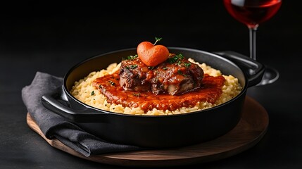 Osso Buco for Risotto, Red Wine, Dark Background.
