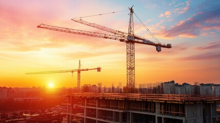 Construction cranes at sunset over city building site