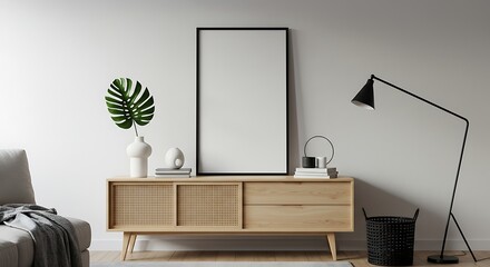 Modern Scandinavian living room interior featuring a black mock-up poster frame, designer commode, elegant leaf in a vase, black rattan basket, books, and stylish accessories. Minimalist home decor.