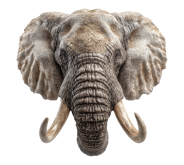 Majestic African Bull Elephant Head with Large Curved Tusks and Textured Grey Skin in Frontal Portrait View Isolated on Transparent and White Background