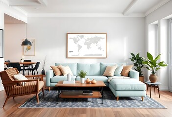 Stylish Scandinavian living room featuring a mint sofa, modern furniture, a mock-up poster map, lush plants, and elegant personal accessories. Open space layout with a dining area.