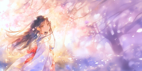 Obraz premium 桜が舞い散る中でもの思いにふける女性。イラスト。水彩。背景素材。