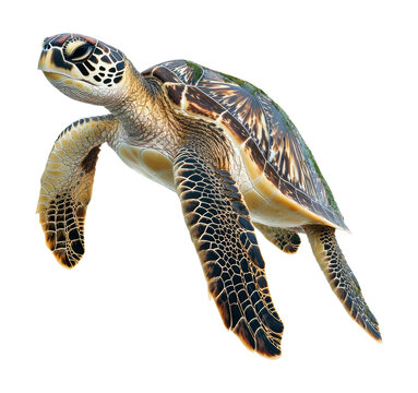 Majestic Green Sea Turtle Swimming in Ocean Marine Life Reptile with Beautiful Shell Pattern Natural Wildlife Photography Isolated on Transparent and White Background