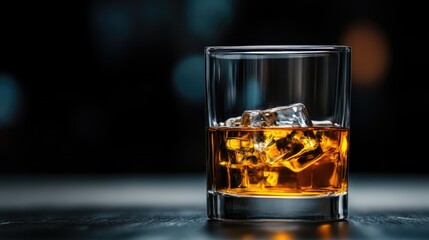 Golden whiskey with ice cubes in a rocks glass