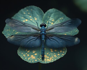 A stunning dragonfly resting gracefully on a vibrant green leaf, illuminated by soft light, highlighting its intricate wings and delicate features, ultradetailed, Midjourney v6