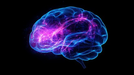 A stunning hightech depiction of a human brain, pulsating with electric blue and purple circuits, interconnected with AIinspired digital pathways, ultradetailed, cybernetic glow