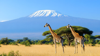 Obraz premium family of giraffes in a forest with shiny sky.ai generative