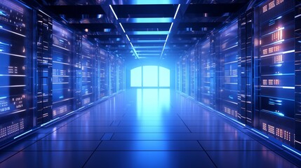 A modern data center with softly glowing server racks and a blurred white glow.