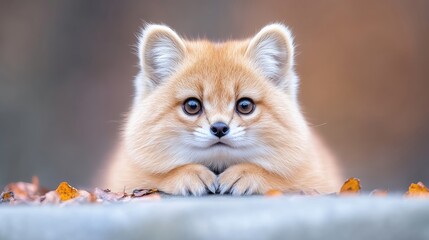 Fototapeta premium Cute fox cub resting on fallen leaves