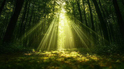 Obraz premium Softly Blurred Green Forest Background with Depth of Field (DOF) and a Gentle Light Beam Shining Through