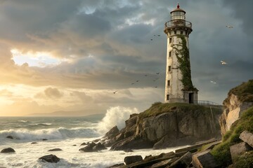 Naklejka premium Abandoned Lighthouse Overlooking the Ocean