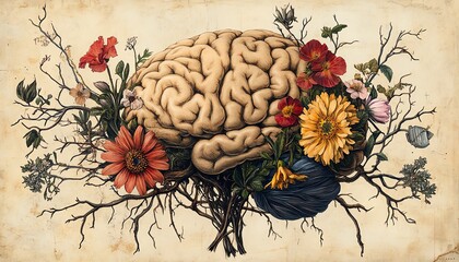 An artistic illustration of a human brain intertwined with delicate branches and vibrant flowers