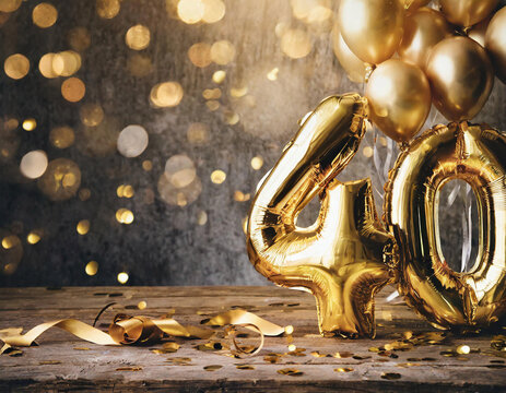 A beautifully decorated celebration scene features golden balloon numbers forming &ldquo;40&rdquo; on a rustic wooden table, surrounded by shiny ribbons, confetti, and sparkling lights in the festive background	