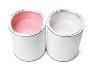 Cans of colorful paints isolated on white