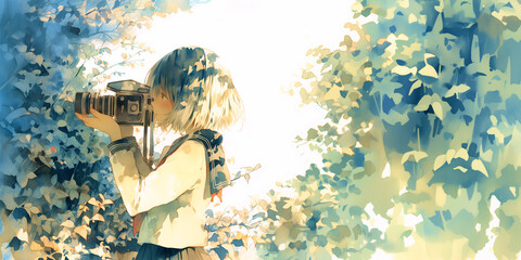 フィルム写真の魅力にハマった女性。イラスト。水彩。背景素材。