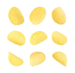 Tasty crispy potato chips on white background, collage