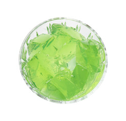 Tasty jelly cubes in bowl isolated on white, top view