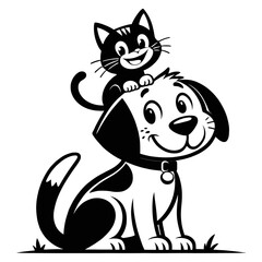 Obraz premium Cute cartoon dog and cat sitting together in friendship