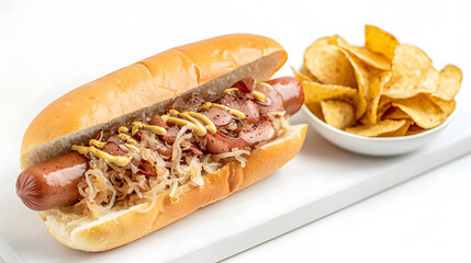 Delicious New York Style Hot Dog with Sauerkraut and Crispy Chips on a Clean White Platter