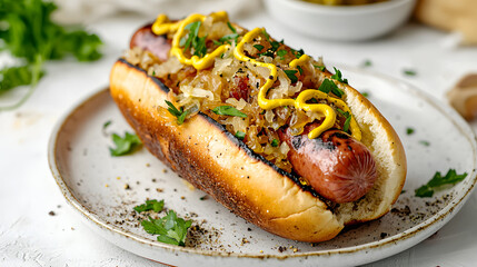 Mouthwatering New York Style Hot Dog with Mustard and Sauerkraut on a Plate