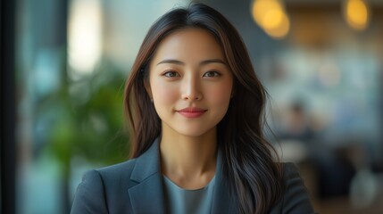 Professional Asian Woman Presenting Data on a Digital Display in a Corporate Office, Highlighting Communication and Data Visualization