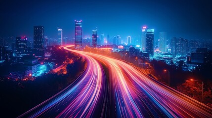 Smart City with Glowing Light Trails Representing Big Data Connection Technology