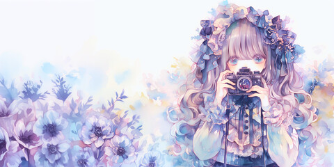 Obraz premium フィルム写真の魅力にハマった女性。イラスト。水彩。背景素材。