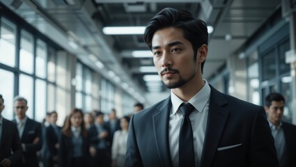 Confident Young Businessman in Suit Strolling Through Modern Office Environment with Colleagues