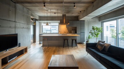 Modern apartment design with exposed concrete walls and natural light
