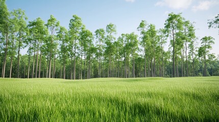 Obraz premium Tranquil Summer Landscape Green Field and Trees Under Blue Sky
