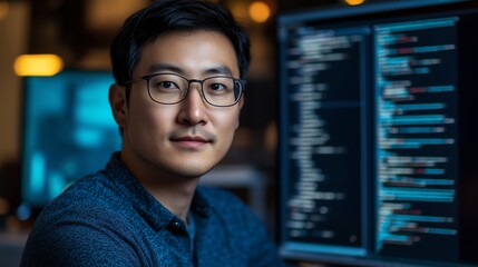 Fototapeta premium Asian Programmer Coding in Night Office for Web 3.0 Development, Minimalist Design for Cybersecurity and Software Engineering Backgrounds