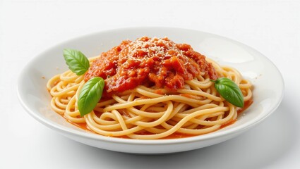 Delicious Plate of Spaghetti with Tomato Sauce and Fresh Basil on White Background