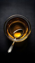 Golden Oil in Glass Bowl with Spoon Top View