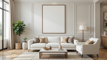 Modern Living Room Interior With White Sofa And Natural Light In Elegant Minimalist Design