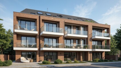 Modern Residential Building with Brick Facade and Balconies Surrounded by Lush Greenery in Urban Area