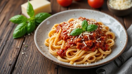 Plate of Spaghetti Pasta with Tomato Sauce and Fresh Basil on a Wooden Table with Cheese