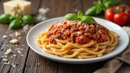 Spaghetti Pasta with Bolognese Sauce Garnished with Fresh Basil on a Wooden Table