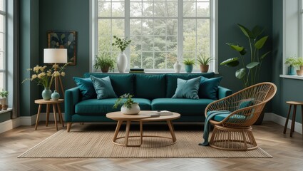 Stylish living room with teal sofa, wooden table, and greenery for a cozy atmosphere