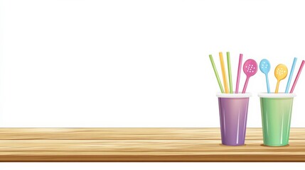 Obraz premium Colorful Straws and Utensils on Wooden Table