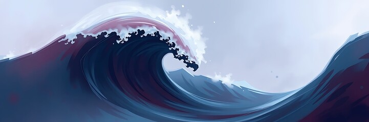 A colossal, powerful ocean wave in shades of deep blue, purple, and white, cresting dramatically against a serene, light-toned sky, conveying immense force and beauty.