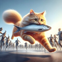 Obraz premium Orange Cat with Fish Leading a Human Race 