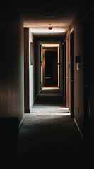Eerie Dark Hallway Beckons Towards A Vacant Hotel Room Door
