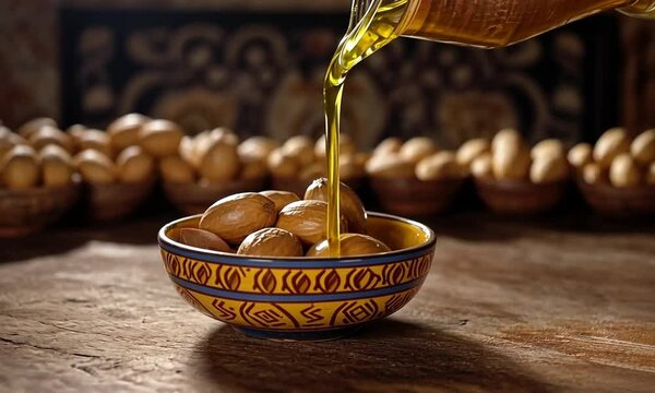Argan Oil and Nuts Highlighting Elegance of Natural Ingredients for Argania International Day , created with Generative AI technology