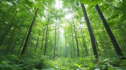 Obraz premium Lush green forest canopy, sunlight filtering through