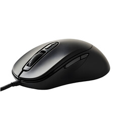 A close-up of a wired black computer mouse with side buttons and a smooth scroll wheel, ideal for precise navigation and control.