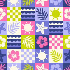 Hand drawn hibiscus, palm leaf, starfish, wave, sun with grid pattern design for summer holidays background.