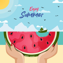 Summer Vector Graphic with Flat Shore Skyline and Bitten Watermelon Holded by Hands. Retro Enjoy Summer Card Design Illustration