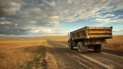 Massive Heavy-Duty Dump Truck Transporting a Large Load of Coal Through a Dusty, Expansive Open-Pit Mine, Captured from the Rear View