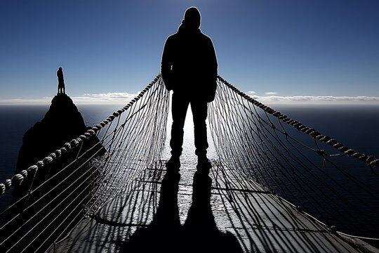 A silhouette of a person standing on a suspension bridge with ocean views