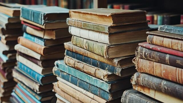 Stacks of vintage books in a library setting showcasing their worn covers and rich history